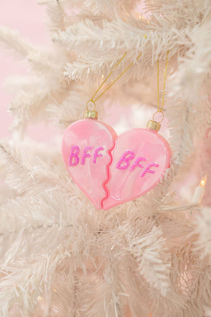 BFF Heart Christmas Glass Ornament with Glitter  2 piece Set