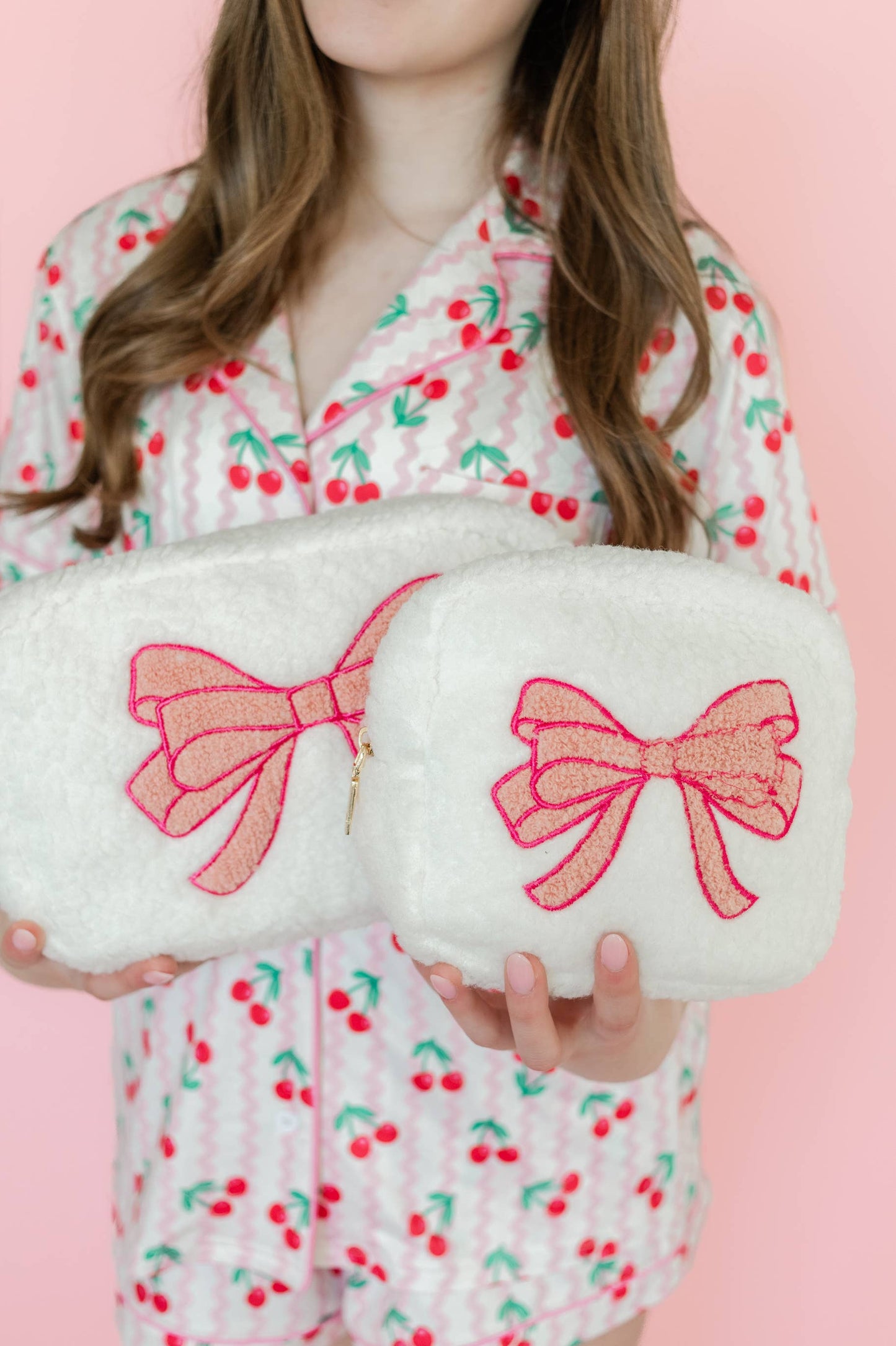 Plush Cosmetic Bag with Embroidered Pink Bow - Large