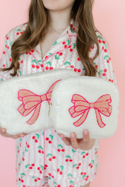 Plush Cosmetic Bag with Embroidered Pink Bow - Large