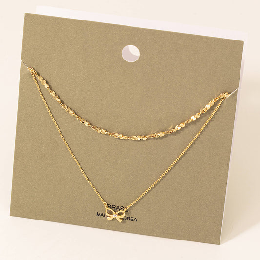 Studded Ribbon Bow Layered Chain Necklace