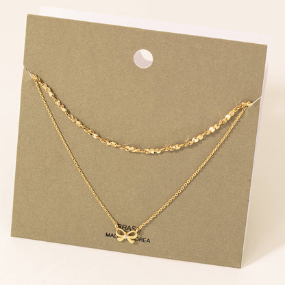 Studded Ribbon Bow Layered Chain Necklace