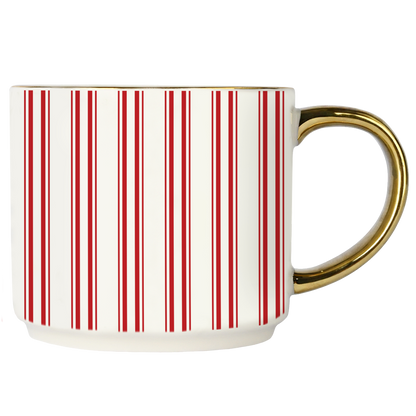 Mug with red vertical stripes and a gold handle on a white background