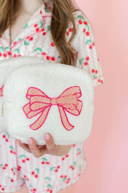 Plush Cosmetic Bag with Embroidered Pink Bow - Large